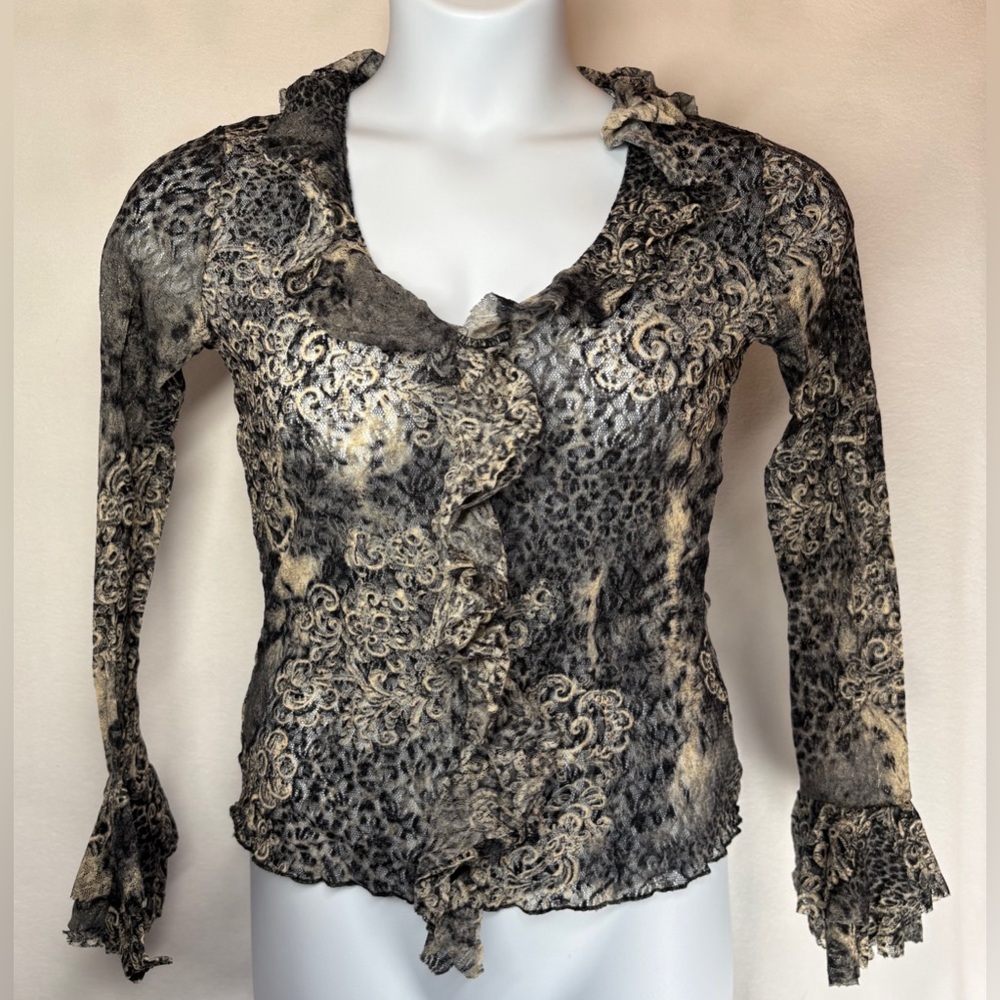 Whimsigoth Witchy Stevie Nicks  Black and Cream Stretch Lace Blouse